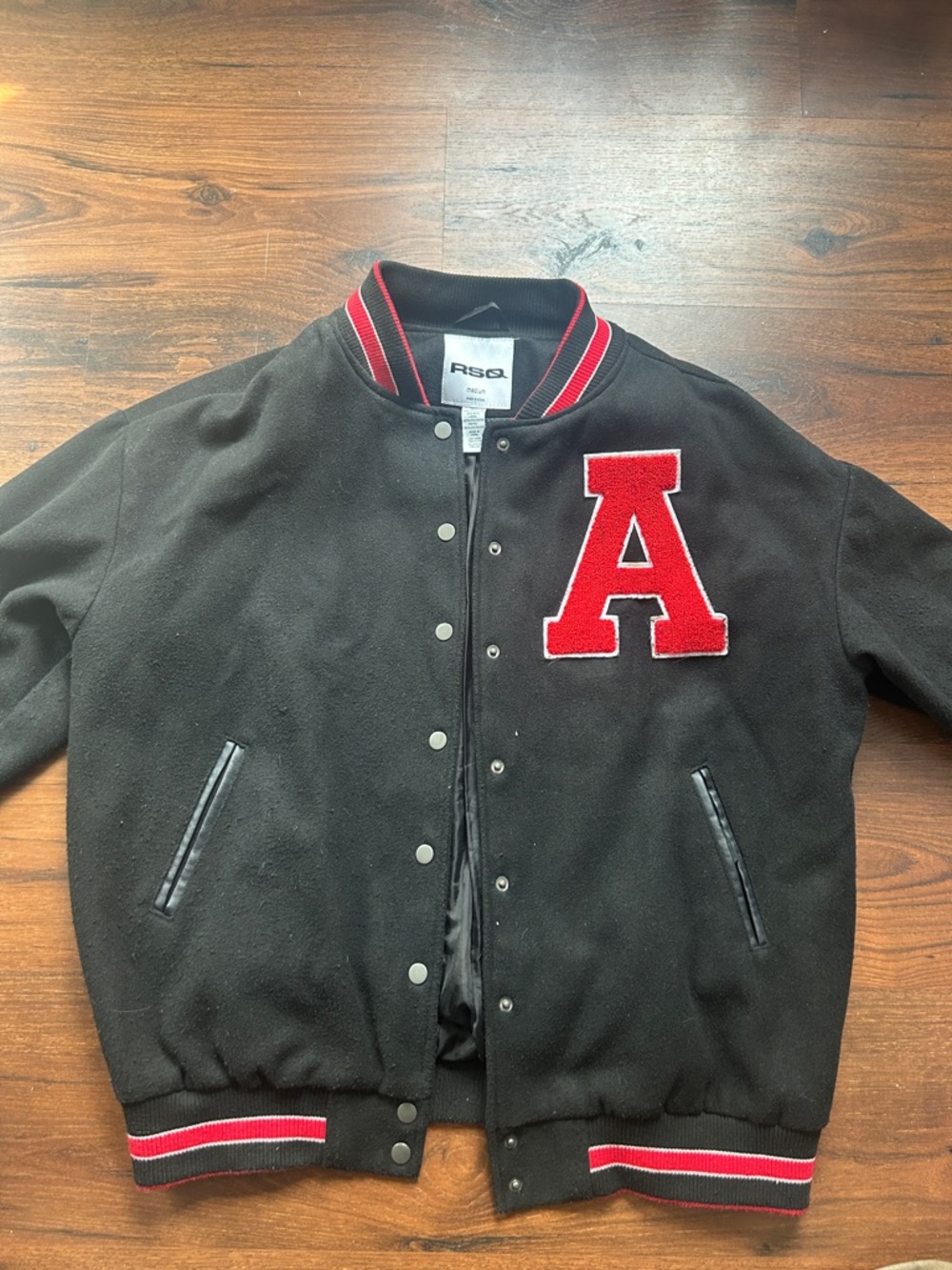 RSQ Black Varsity Jacket with Red Letter A Patch